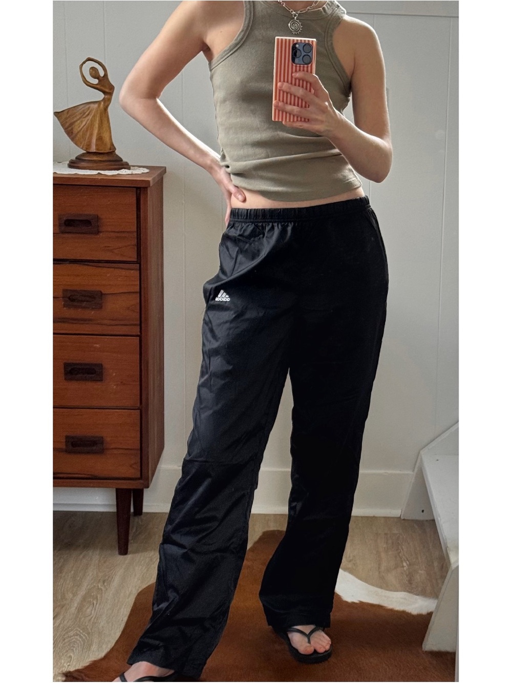 adidas Black Track Pants with Logo | Y2K Straight Wide Leg Athletic Windbreaker